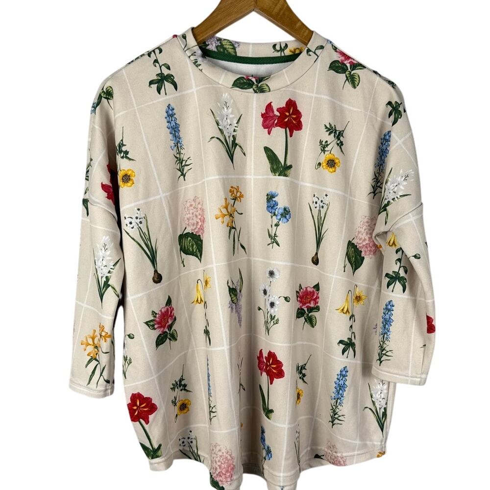 Tuckernuck Fresh Buds Floral 3/4 Sleeve Boxy Pullover Luxe Top Multi Size Small‎